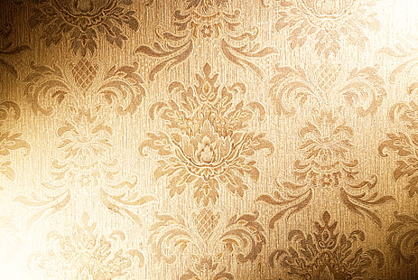 textile floral brun, or, papier peint, texture, tissu, vintage, Fond d'écran HD HD wallpaper