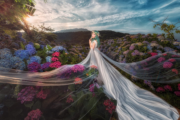 summer, the sky, girl, clouds, flowers, nature, background, hills, white, blue, hair, the evening, garden, dress, beauty, outfit, fabric, Asian, the bride, Princess, wreath, veil, the bushes, a lot, wedding, hem, hydrangea, blooming, flying, long, HD wallpaper