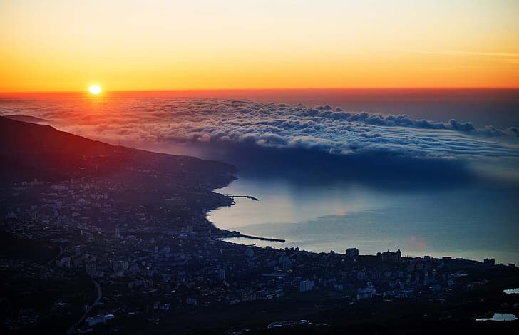 sea, clouds, mountains, the city, Crimea, Yalta, JUBK, HD wallpaper