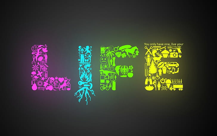 life, colorful, typography, minimalism, symbols, pink, green, yellow, turquise, HD wallpaper