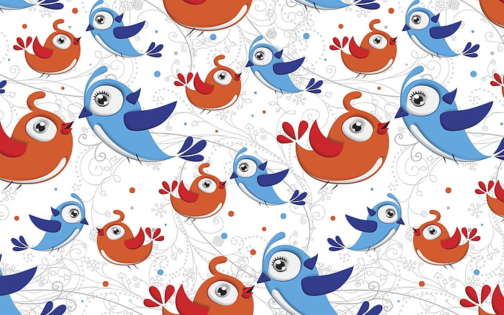 weißes, orange und blaues Vogeldruckgewebe, Vögel, Hintergrund, Oberfläche, bunt, HD-Hintergrundbild