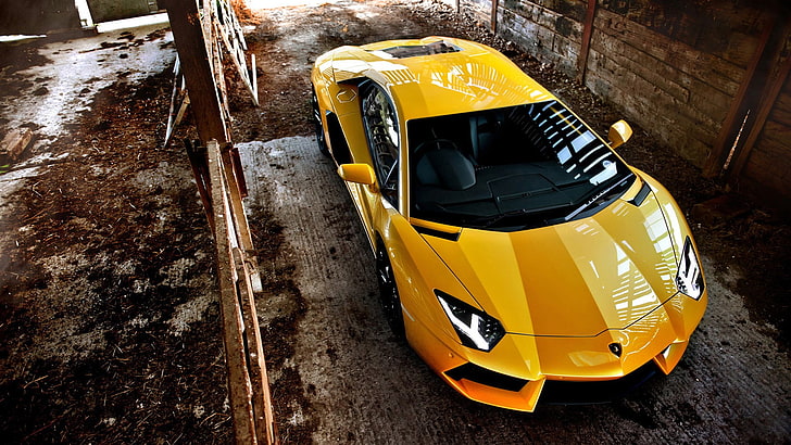 yellow Lamborghini supercar, car, Lamborghini Aventador, yellow cars, Lamborghini, vehicle, sports car, yellow, wood, dirt, garages, reflection, HD wallpaper