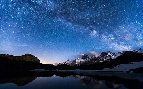Nuit, lac, montagnes, ciel, étoiles, réflexion de l'eau, ciel du soir rempli d'étoiles, nuit, lac, montagnes, ciel, étoiles, eau, réflexion, Fond d'écran HD HD wallpaper