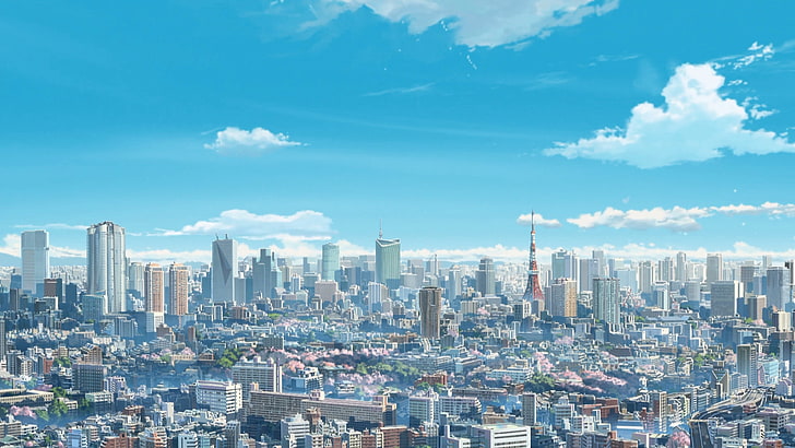 Ilustración de anime de edificios de la ciudad, Makoto Shinkai, Kimi no Na Wa, Fondo de pantalla HD