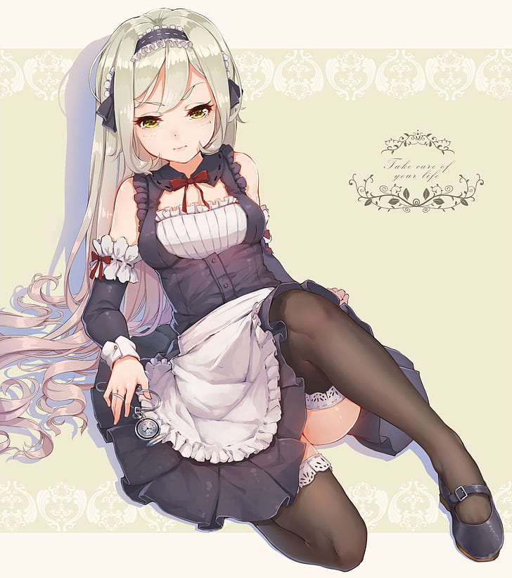 thigh-highs, frills, looking at viewer, simple background, detached sleeves, anime girls, maid outfit, yellow eyes, maid, white hair, long hair, black stockings, stockings, anime, pocket watch, dress, HD wallpaper