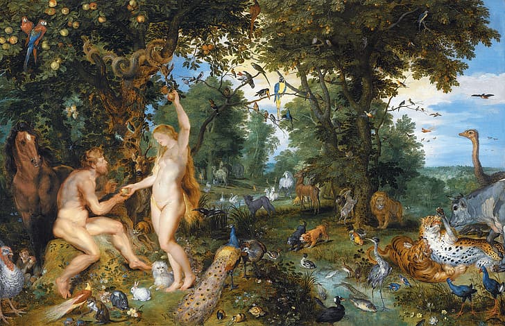 ท้องฟ้า ต้นไม้ นก สัตว์ สวรรค์ แอปเปิ้ล Peter Paul Rubens эдемский сад первородного грех 1615 год Ян Брейгель де Ауд Адам и Ева изоброга, วอลล์เปเปอร์ HD