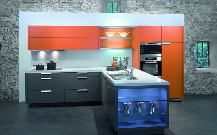 Muebles de cocina naranja y gris, pasillo de cocina blanco, azul y naranja, fotografía, 1920x1200, cocina, estufa, diseño de interiores, Fondo de pantalla HD