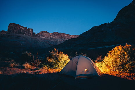 сива палатка за къмпинг, палатка, къмпинг, планини, залез, HD тапет HD wallpaper