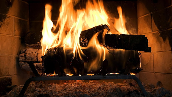 flaming firewood, fireplace, HD wallpaper