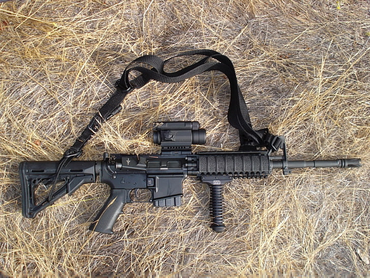 black rifle with scope, grass, weapons, gun, strap, ar15, HD wallpaper