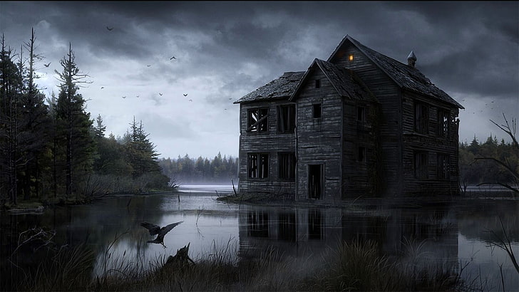 2-piętrowy dom z szarej cegły, dom, woda, fantasy art, dzieło sztuki, jezioro, ruina, upiorny, sztuka cyfrowa, chmury, wrona, sosny, las, Tapety HD
