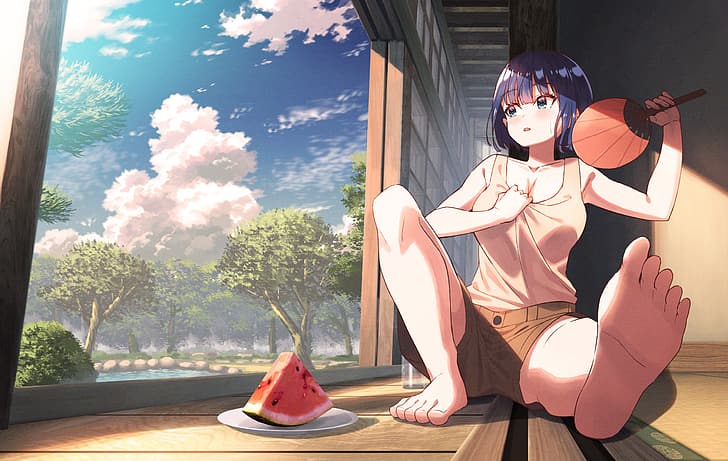 koh rd, anime, anime girls, sitzend, beine, füße, kurzes haar, HD-Hintergrundbild