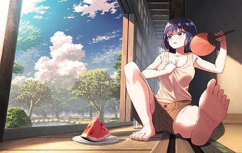 koh rd, аниме, аниме девушки, сидящие, ножки, ступни, короткие волосы, HD обои HD wallpaper