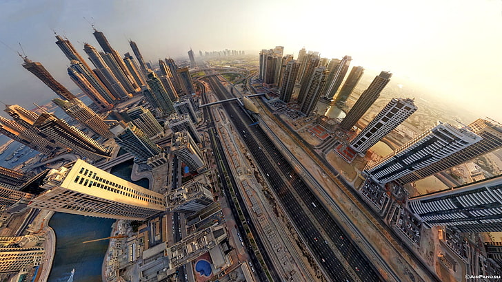 digitale Tapete des Wolkenkratzers, Stadtbild, Stadt, Gebäude, Luftaufnahme, Dubai, fisheye Objektiv, HD-Hintergrundbild