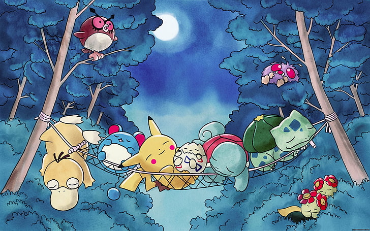 Pokémon, Bulbasaur (Pokémon), Floresta, Pikachu, Psyduck (Pokémon), Dormir, HD papel de parede