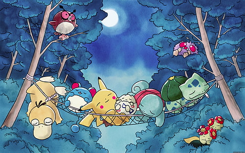 Pokémon, Bulbasaur (Pokémon), Forest, Pikachu, Psyduck (Pokémon), Sleeping, HD wallpaper HD wallpaper