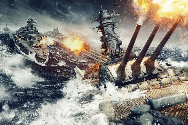 World Of Tanks game wallpaper, world of warships, wargaming net, explosion, sea, storm, HD wallpaper