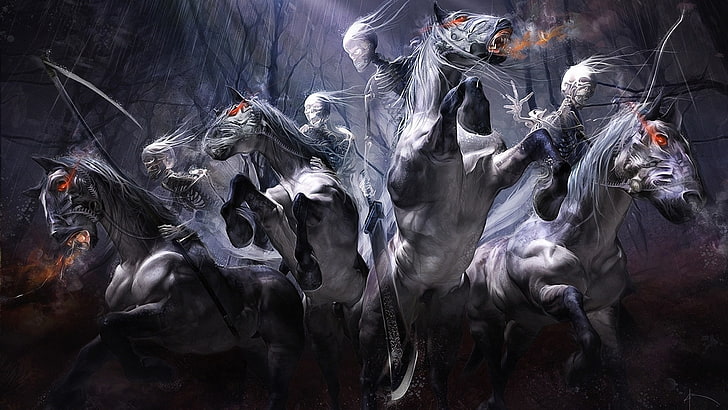 коне, призрачен, меч, Хелоуин, скелет, фантазия, оръжия, зло, гора, ужас, зловещ, животни, череп, немъртви, страшно, тъмно, дървета, HD тапет