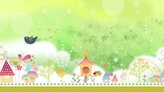 Casas de pássaros de verão, papel de parede verde e branco verde, árvores, persona do firefox, resumo, casas de pássaros, caprichoso, pássaro, verde, flores, 3d e abstrato, HD papel de parede HD wallpaper
