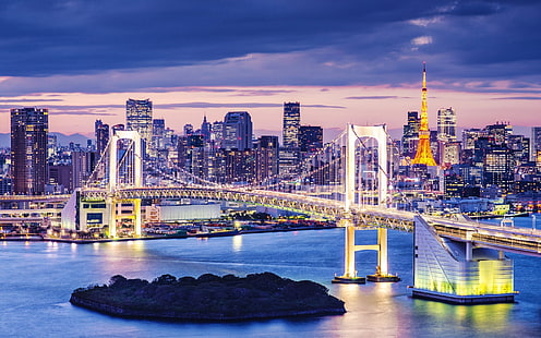 Vue de nuit de Tokyo, Tokyo, Japon, pont, paysage urbain, nuit, lumières, Fond d'écran HD HD wallpaper