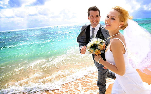 Man-Woman-Wedding-Photos-sea-beach-love couple-HD Wallpaper-2560 × 1600, HD tapet HD wallpaper