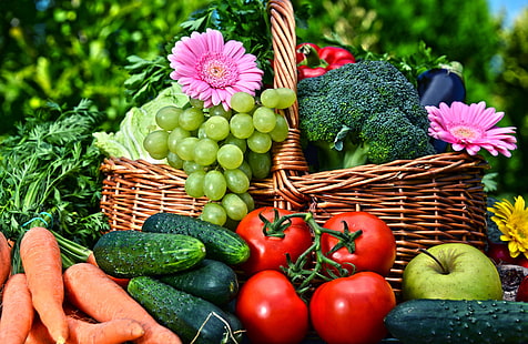 Gıda, meyve, Çiçekler, Natürmort, Sepetler, sebzeler, Üzüm, havuçlar, Salatalık, domates, elmalar, Brokoli, patlıcan, Biber, marul, HD masaüstü duvar kağıdı HD wallpaper