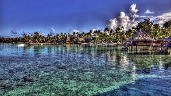 tahiti, resort, coast, tourism, palms, summer, overwater bungalow, lagoon, shore, nature, cloud, tropics, sea, bungalow, water, french polynesia, sky, HD wallpaper