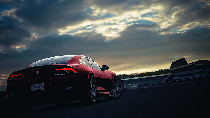 red coupe, fisker, karma, car, sunset, night, sky, red, HD wallpaper