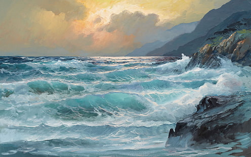 бушуващи морски вълни илюстрация, море, вълни, живопис, изкуство, буря, скала, HD тапет HD wallpaper