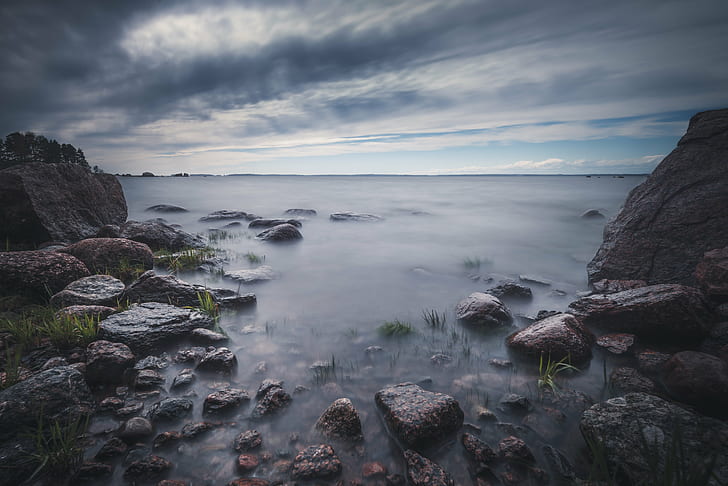 gray rock formation during daytime, beach, gray rock, rock formation, daytime, nikon  d600, nikkor, 35mm, LE, rocks, clouds, long  exposure, daylight, nature, finland, landscape, outdoors, rock - Object, scenics, water, sunset, HD wallpaper