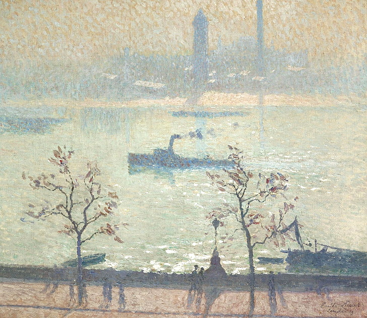 пейзаж, река, корабль, картина, Эмиль Клаус, вид на Темзу с набережной, HD обои