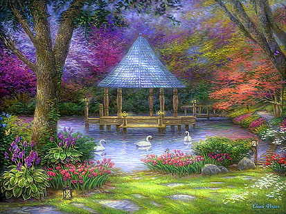 Artistic, Painting, Flower, Gazebo, Park, Pond, Spring, Swan, Tree, HD wallpaper HD wallpaper