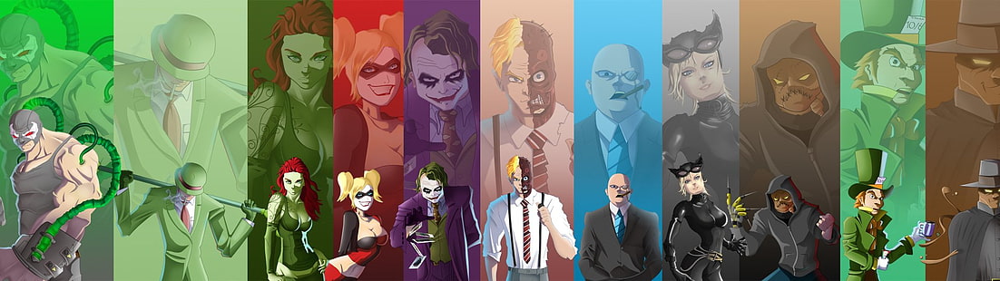 Бэтмен, Бэйн (DC Comics), Женщина-кошка, Харли Куинн, Джокер, Ядовитый плющ, Риддлер, Двуликий, HD обои HD wallpaper