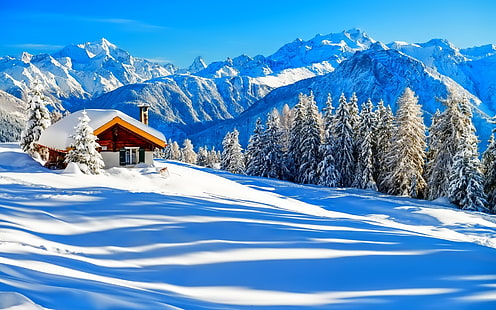 Зима, снег, дом, деревья, природа, лес, горы, небо, белый, Зима, снег, дом, деревья, природа, лес, горы, небо, белый, HD обои HD wallpaper