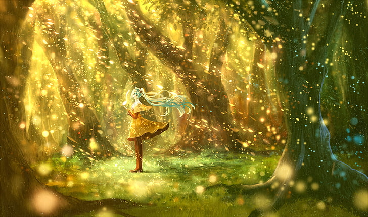 Hatsune Miku in forest wallpaper, girl, trees, nature, anime, art, note, vocaloid, hatsune miku, bou nin, HD wallpaper