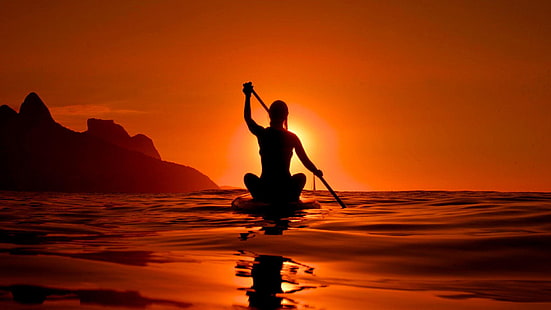 puesta de sol, surfista, mar, surf, naturaleza, Fondo de pantalla HD HD wallpaper