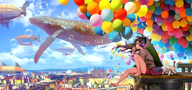 анимированные обои девушка и воздушные шары, черноволосый аниме персонаж сидит возле воздушных шаров illustratio, аниме, аниме девушки, босиком, пузыри, город, облака, наушники, длинные волосы, юбка, разноцветные, небо, воздушный шар, фэнтези арт, кит, HD обои HD wallpaper