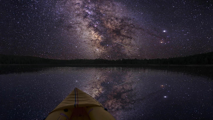 лодка по време на нощни тапети, лодка, звезди, космическо изкуство, нощ, пейзаж, HD тапет