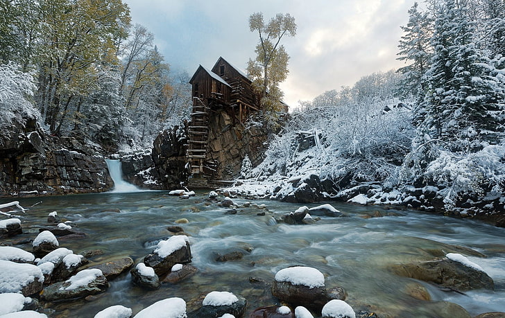 Stworzone przez człowieka, Crystal Mill, Building, River, Snow, Stone, Winter, Tapety HD