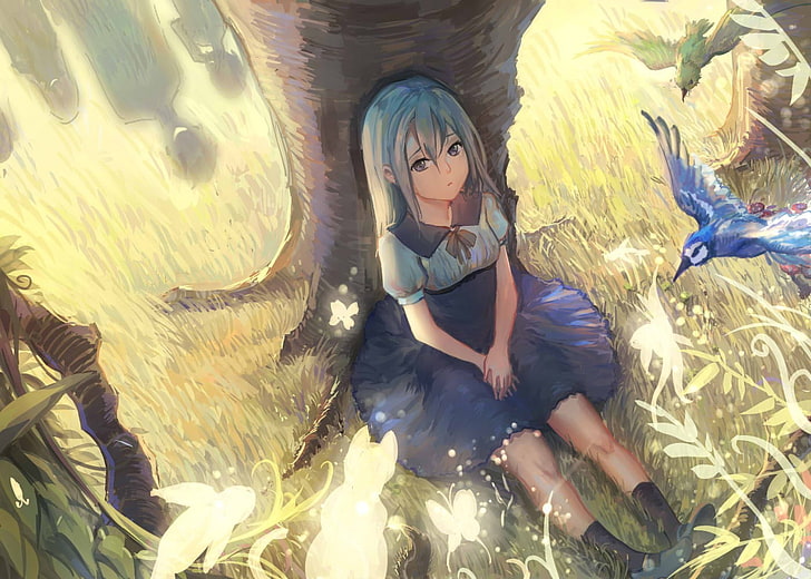 anime girls, birds, trees, original characters, blue hair, HD wallpaper