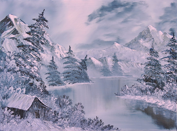 schwarze Hütte mit Schnee bedeckt in der Nähe von Gewässer Malerei, Winter, Kunst, Malerei, Fluss, Tannen, Lodge, weiß, HD-Hintergrundbild