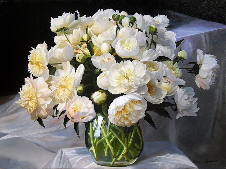 white flowers with clear vase, flowers, bouquet, picture, fabric, vase, white, still life, buds, peonies, Zbigniew Kopania, HD wallpaper