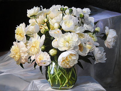 fiori bianchi con vaso trasparente, fiori, bouquet, foto, tessuto, vaso, bianco, natura morta, gemme, peonie, Zbigniew Kopania, Sfondo HD HD wallpaper