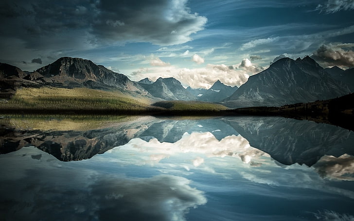 природа, пейзаж, озеро, отражение, спокойствие, горы, облака, вода, HD обои