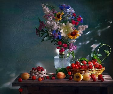 blommor, körsbär, bär, hallon, bakgrund, bukett, jordgubbe, stilleben, korg, aprikoser, Светлана Сушкевич, HD tapet HD wallpaper