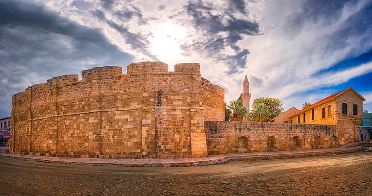 road, clouds, castle, wall, Cyprus, Larnaca, Larnaka Medieval Castle, HD wallpaper