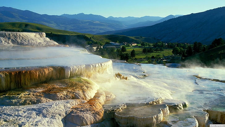 Sumber air panas yang indah, lembah, kolam, mata air panas, gunung, alam dan pemandangan, Wallpaper HD