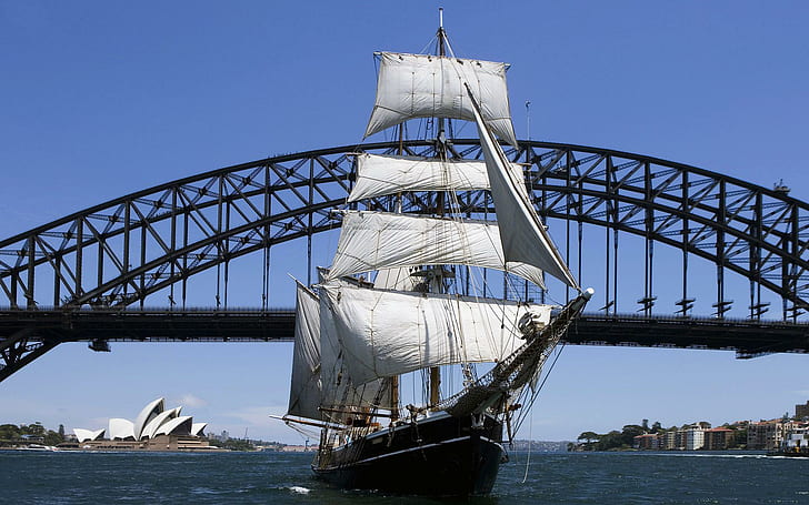 Парусная шлюпка под мостом Сидней-Харбор, Сидней, Австралия, 1920x1200, парусная лодка под мостом Сидней-Харбор, Сидней, Австралия, HD обои