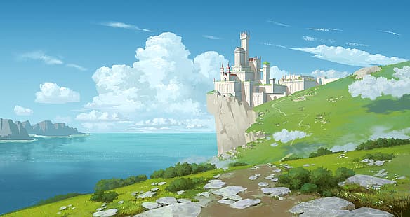 Pixel Cat, фэнтези-арт, цифровое искусство, море, замок, скалы, облака, HD обои HD wallpaper