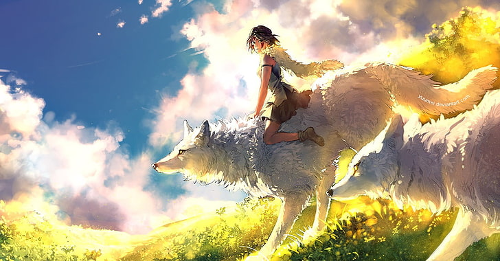 girl riding white wolf wallpaper, Studio Ghibli, Princess Mononoke, anime, wolf, anime girls, HD wallpaper